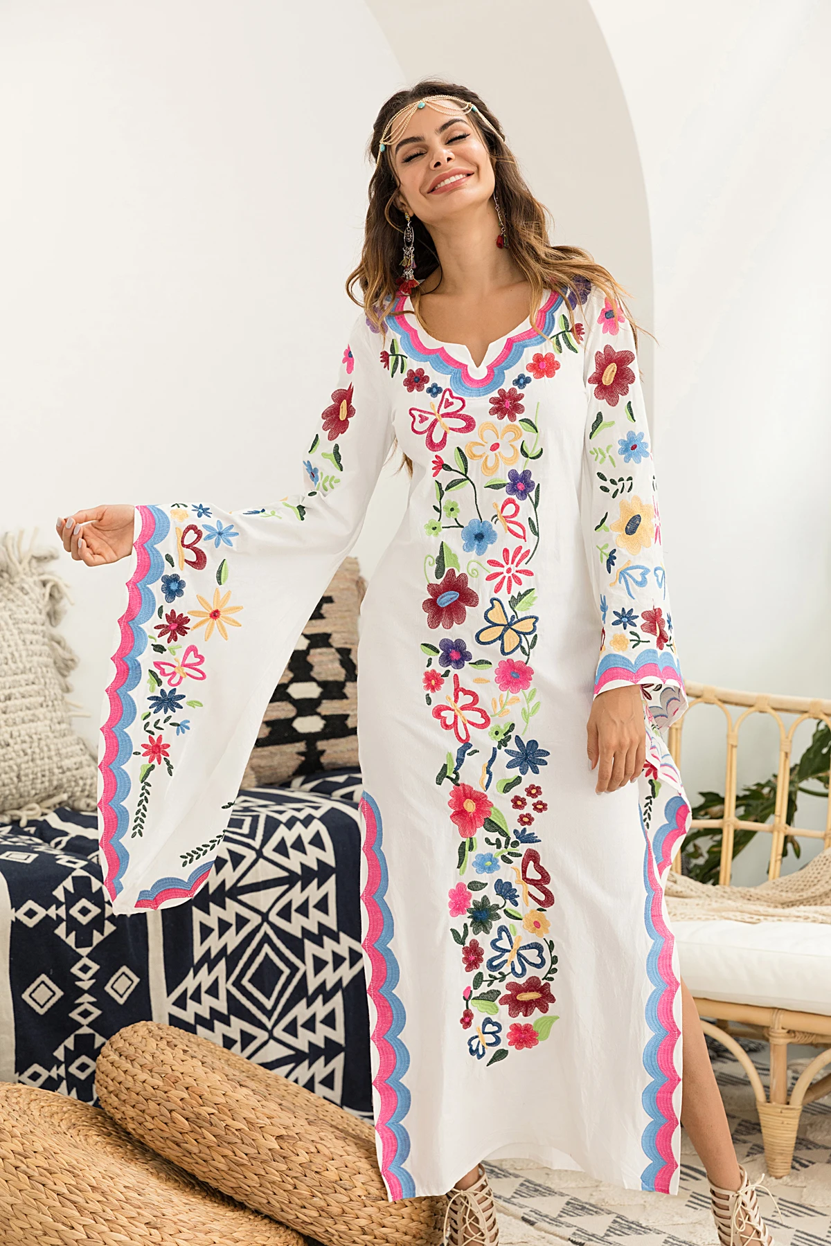 2021 Clothing Long Sleeve Beach Bohemian Dresses Ladies O Neck Floral Maxi Casual Boho Dress With kimono sleeve