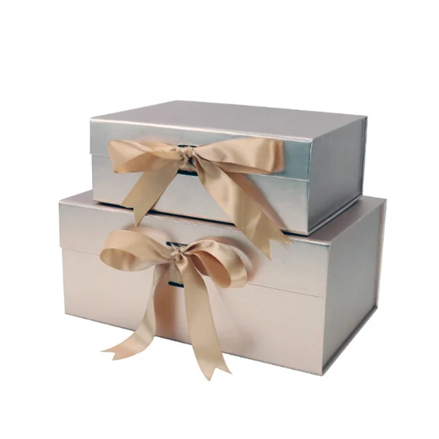 Custom Foldable Paper Matte color  Gift Box Flat Pack White Postage Product Package Magnet Box with Ribbon