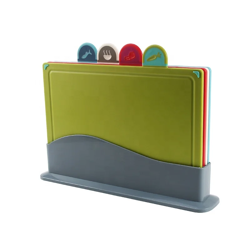 Hot Selling dishwasher safe BPA Free Non slip 4 pcs colorful plastic kitchen Chopping Board Set with Index and Draining Holder