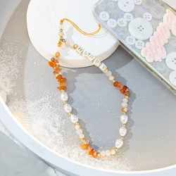 Fashion Diy Pink Rose Quartz Chips Cell Phone Chain Custom Logo Cute Pearl Beaded Mobile Phone Charm Straps