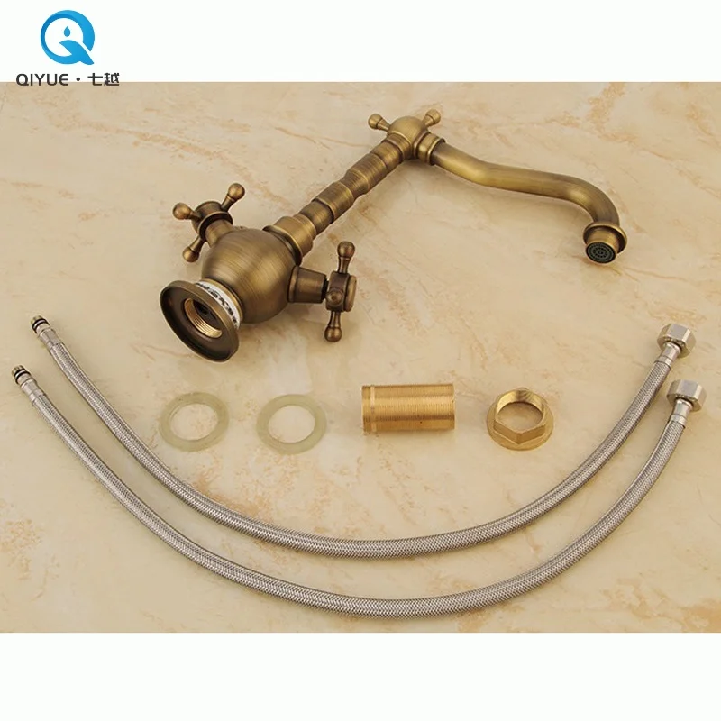 Good prices double lever deck mounted antique brass bathroom basin mixer faucet tap