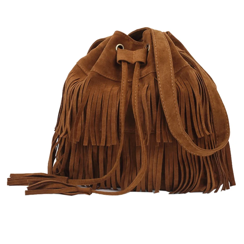 European and American simple retro tassel drawstring bucket tassel bag shoulder messenger female bag Fashion women bags