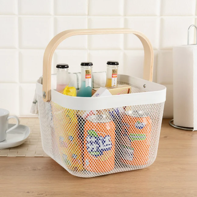 
Hot Sale Fashionable Portable Picnic Fruit Food Metal Basket Kitchen Household Wire Mesh Storage Basket with Wooden Handle 