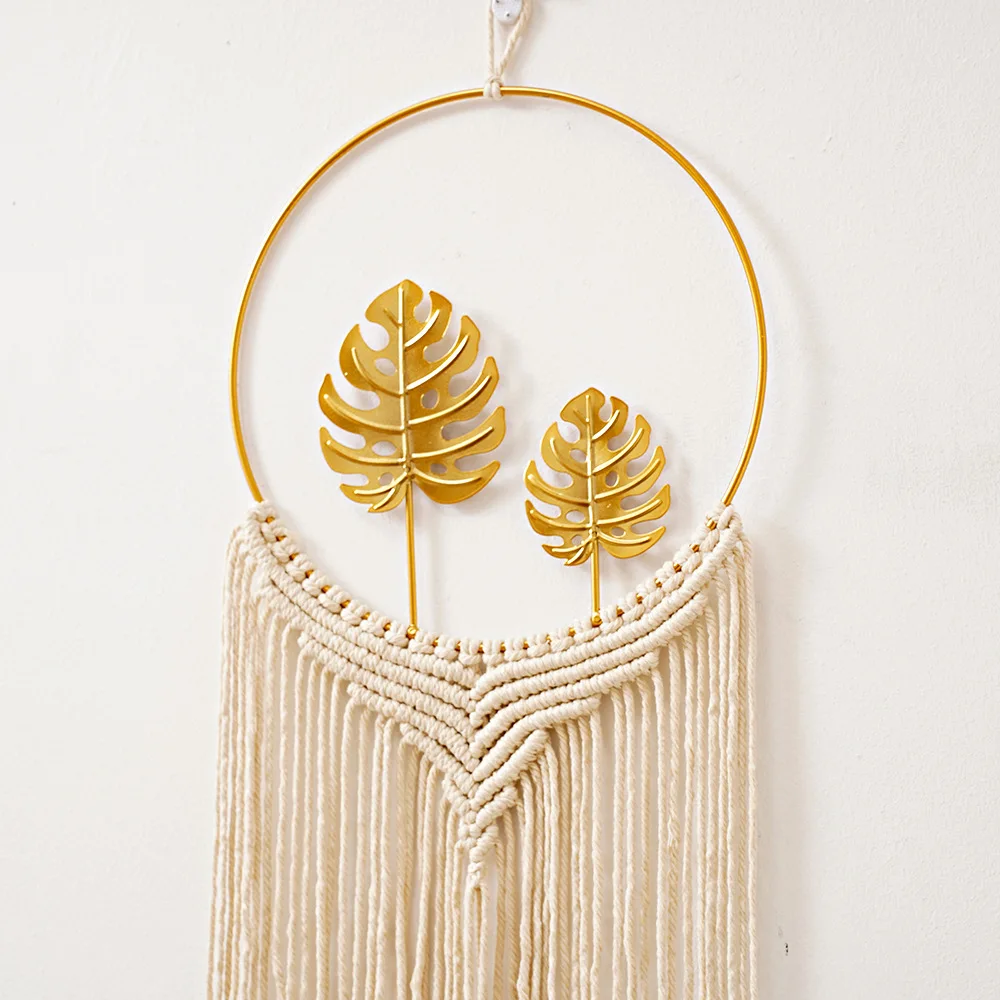 Bohemia Cotton Handmade Decor Hanging Tapestry Metal Shapes Metallic Macrame Dream Catcher Leaf