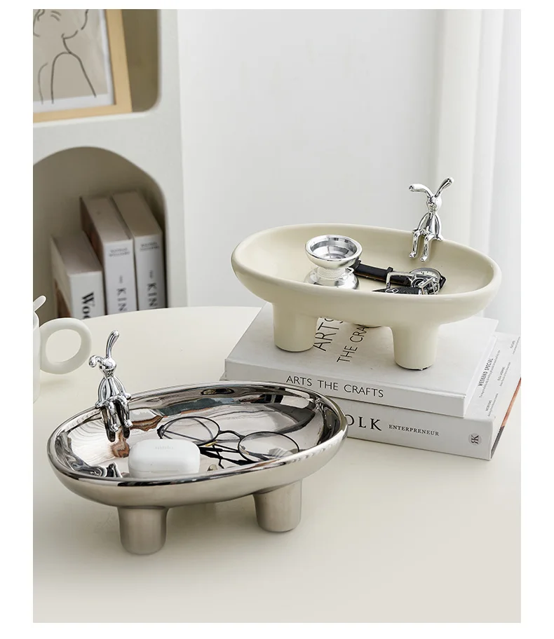 Creative Animal Ceramic Storage Tray Home Decoration Desktop Storage Ornaments Rabbit Bear Statue Bedroom Cosmetic Key Container