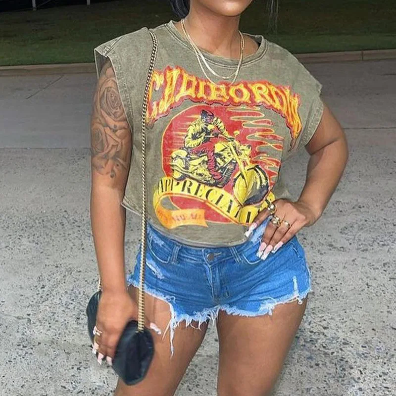 X12615C Grunge Y2K Fashion Printed Loose Tanks Casual Streetwear Crop Tops Women 90s Basic Shirts Sleeveless Tees Rave Outfits