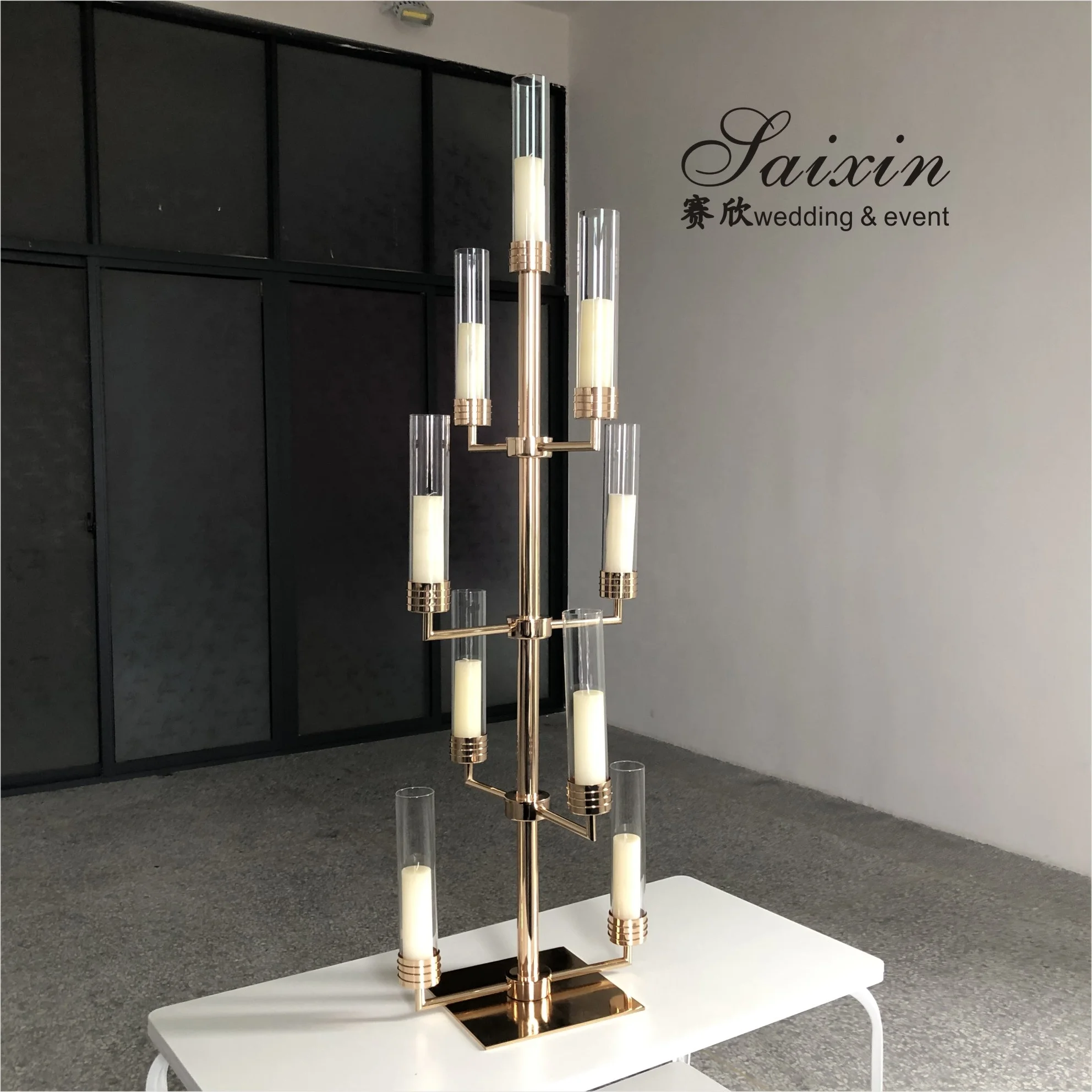 New saixin custom tall 9 arms glass tube metal candle holder for wedding centerpieces