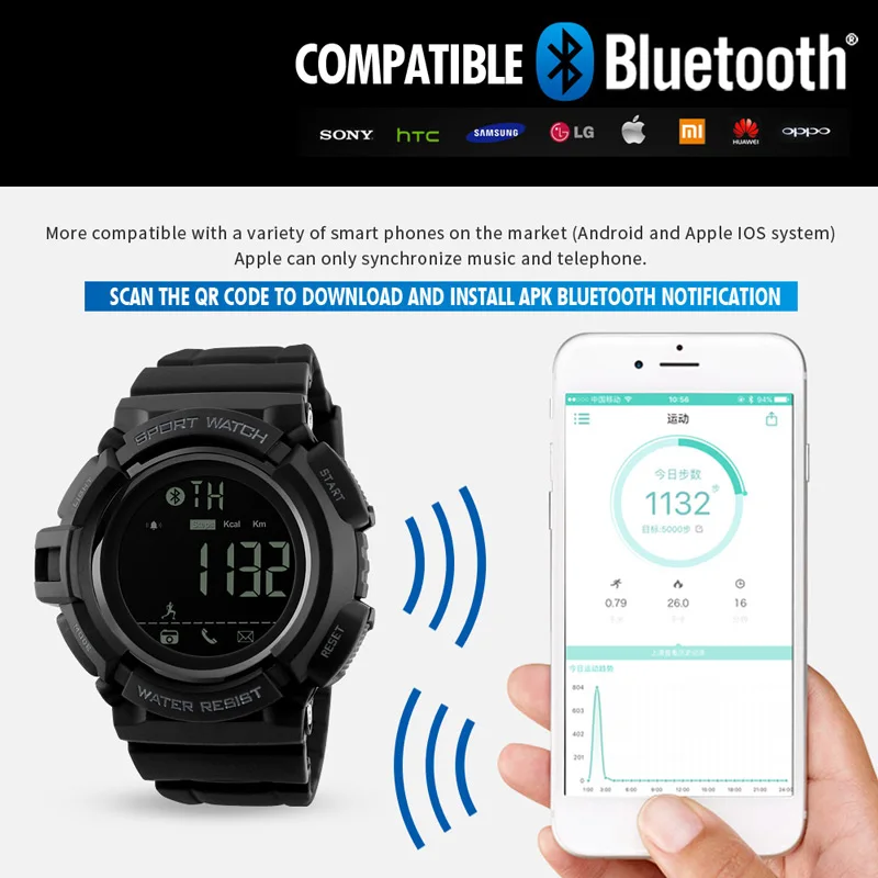 skmei 1245 waterproof black sport smart watch can oem logo