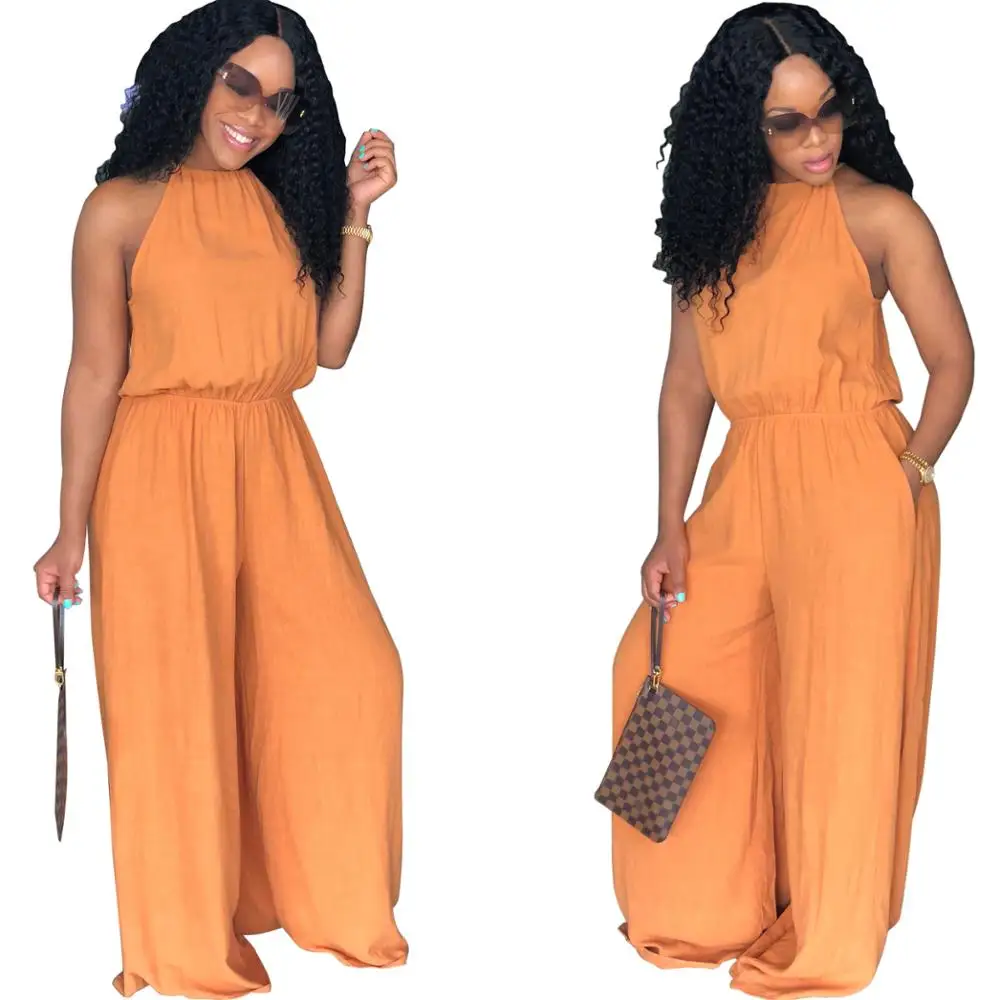
Wholesale 2019 Women Solid Wide Leg Jumpsuit Sexy Halter Sleeveless Spaghetti Strap Long Pants Rompers 