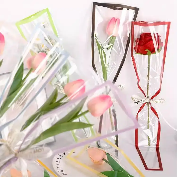 50pcs/Lot Colored Border Printed Single Fresh Flower Bag Clear Cellophane Transparent Flower Wrapping Bag for Florist