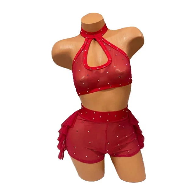 Wholesale Red Rhinestone Gauze Exotic Dance Wear Factory Production Stripper Outfits