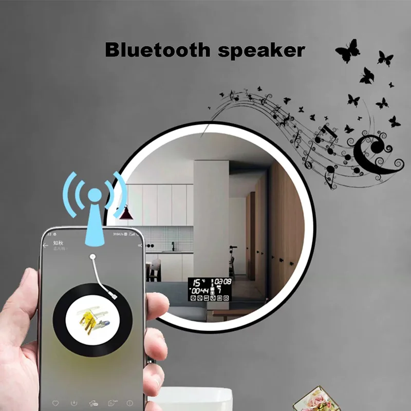 luxury smart touch led clock and temperature for mirror round bluetooth bathroom led mirror adjustable