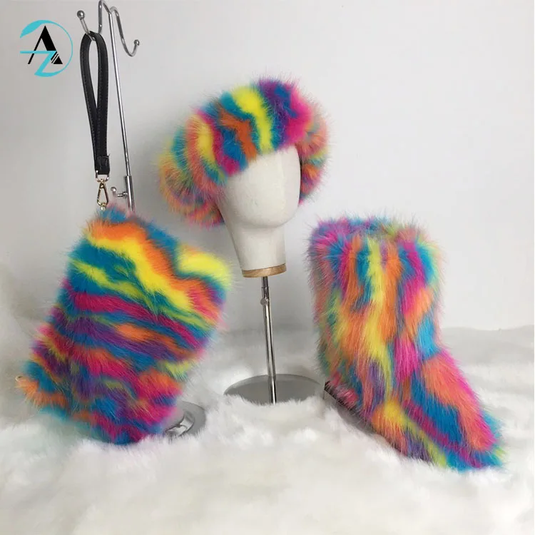 Custom fashion rainbow color furry toddler baby winter snow boots children kids fur boots sets