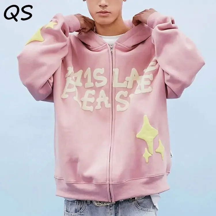 Custom logo cotton heavy oversized mens 3D puff printing hoodies vintage acid washed foam print  full zip up hoodie unisex