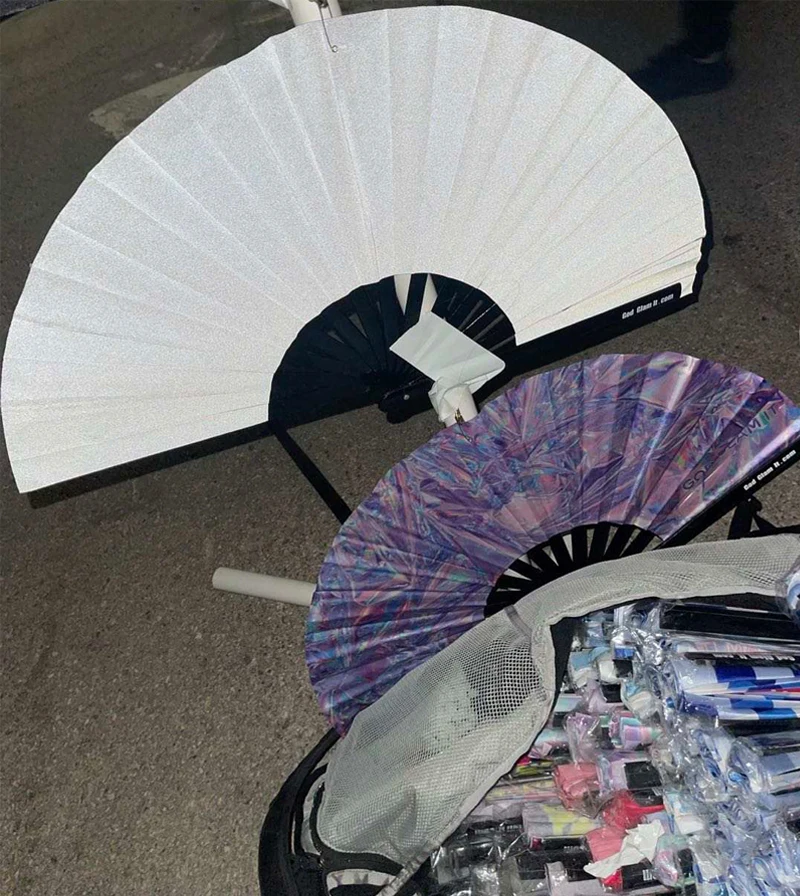 customized high visible uv light reflective large 33cm 13 inches folding clack bamboo hand fan for festival rave party culture