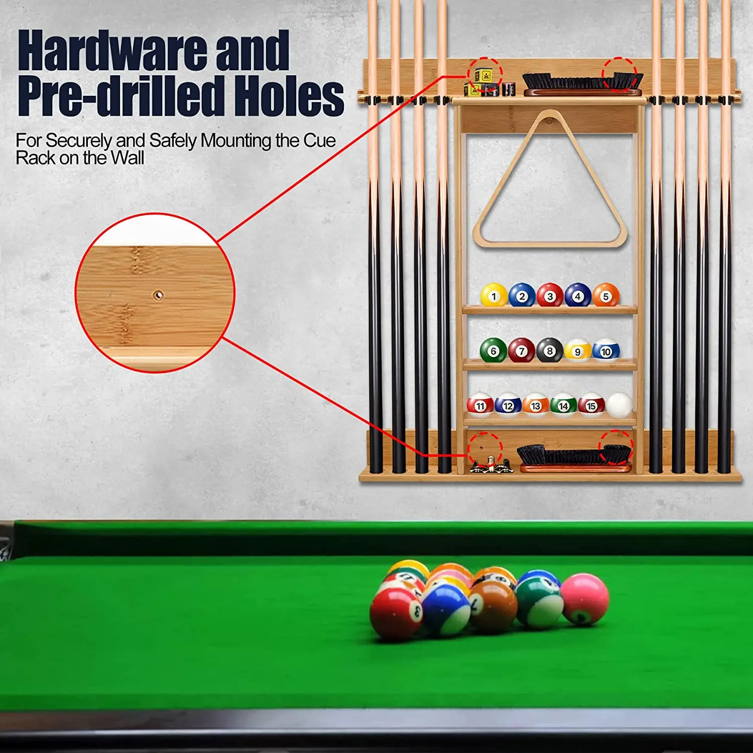 Wall Mount Holds 8 Cues and Full Set of Balls Pool Cue Rack Bamboo Pool Sticks Holder For Billiard Room