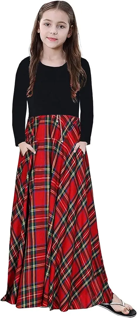 Girl Maxi Dress Kids Casual Buffalo Check Plaid Long Sleeve Dress With Pocket