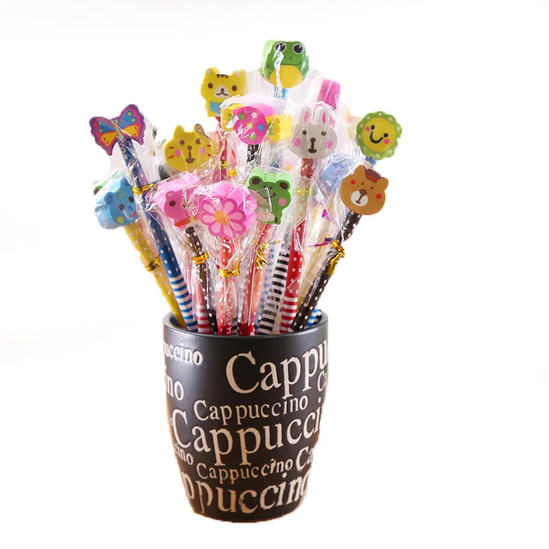 Wholesale festivals gifts Cartoon Wood Pencil Cartoon Eraser Topper Pencils kids Personalized cute HB Pencils