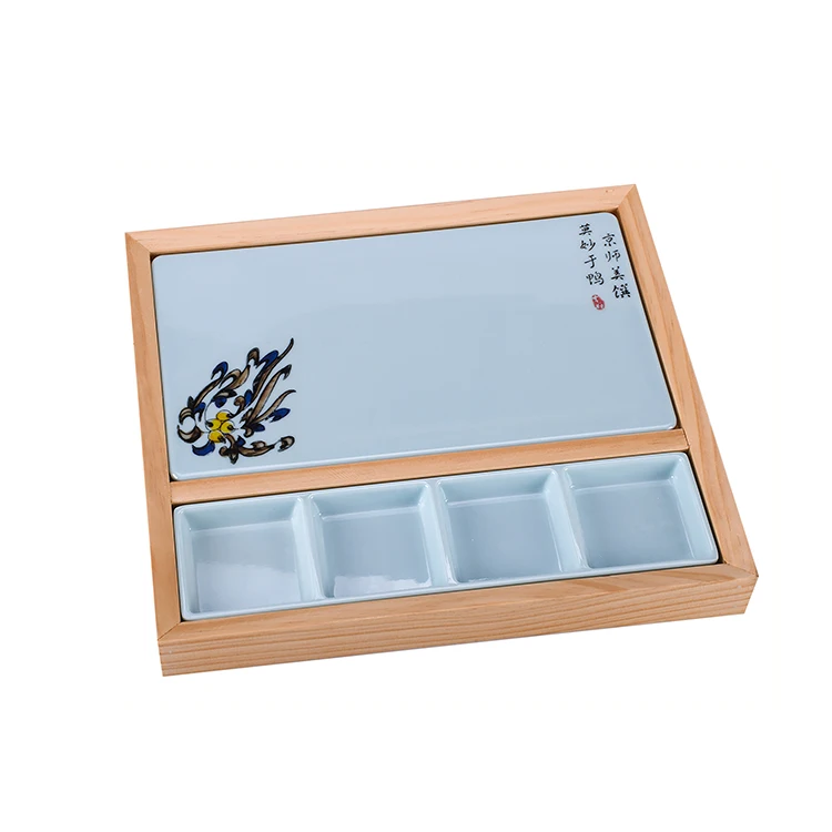 Chinese Style Bamboo Wood Ceramic Melamine Steak Board Tray Cutting Board Set