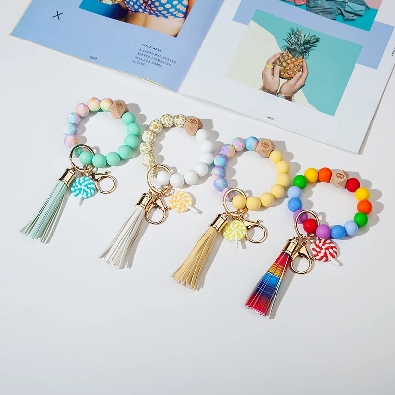 2024 Colorful Silicone Key Chain Bracelet Key Holder Ring DIY Large Silicone Bead Bangle Bracelet Tassel Keychain