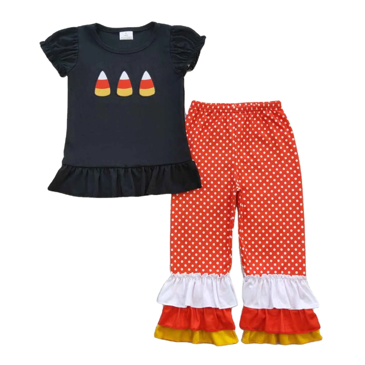 Wholesale rts baby kids  Halloween Embroidery candy Black short sleeve orange plaid lace pantsuit  Toddler girls clothes outfit