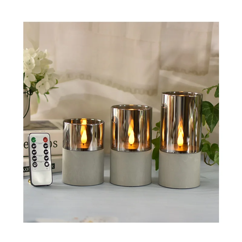 3 pcs/set LED Wax Candle Light Gray Pillar Style Durable Remote Timer Function Perfect for Living Room Ambiance
