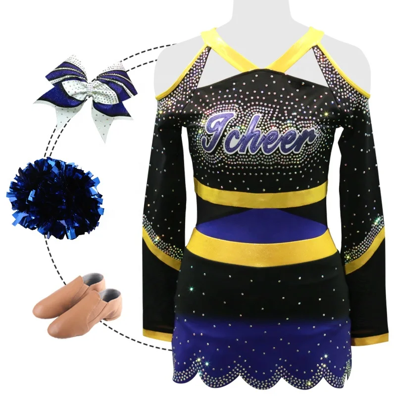 Design Your Own Cheerleader Uniform Adult High Quality Long Sleeve Purple And Black Women Rhinestone Competitions Uniform