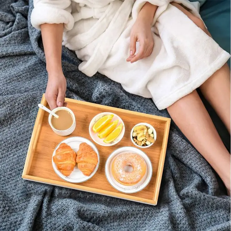 Set of 3 pieces natural bamboo and wood desktop display multi-purpose food tea bar rectangle wooden tray