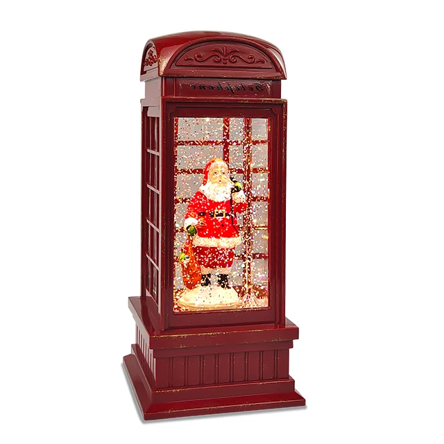 Red Swirling Glitter Santa Globe Christmas Water Led Telephone Booth Lantern