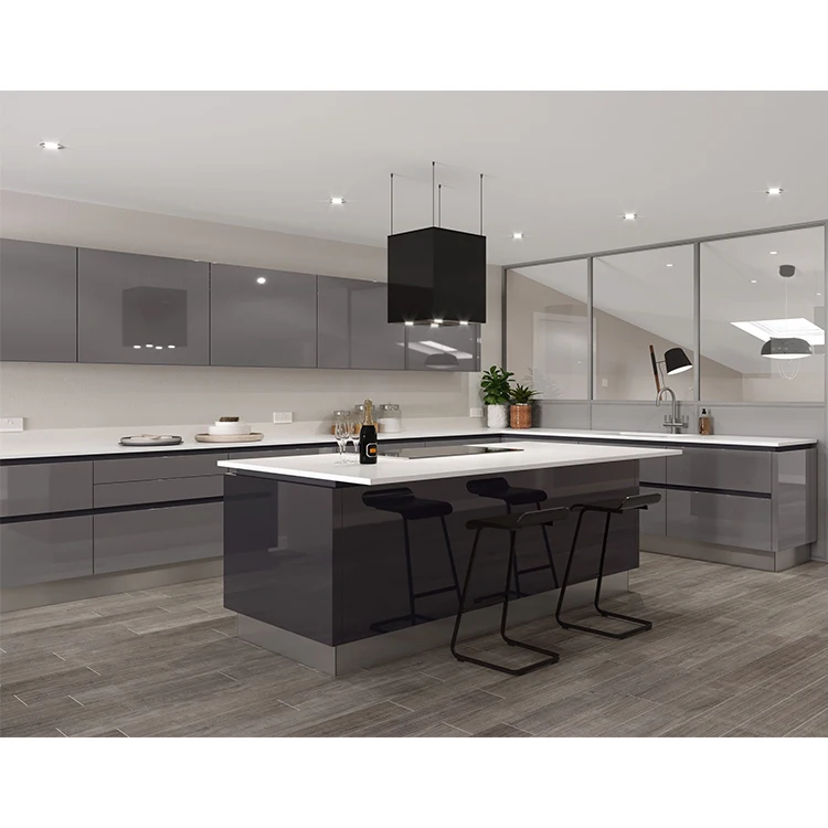 Modern gray color glossy mdf wood kitchen cabinets designs full set high gloss grey finish lacquer kitchen cabinet