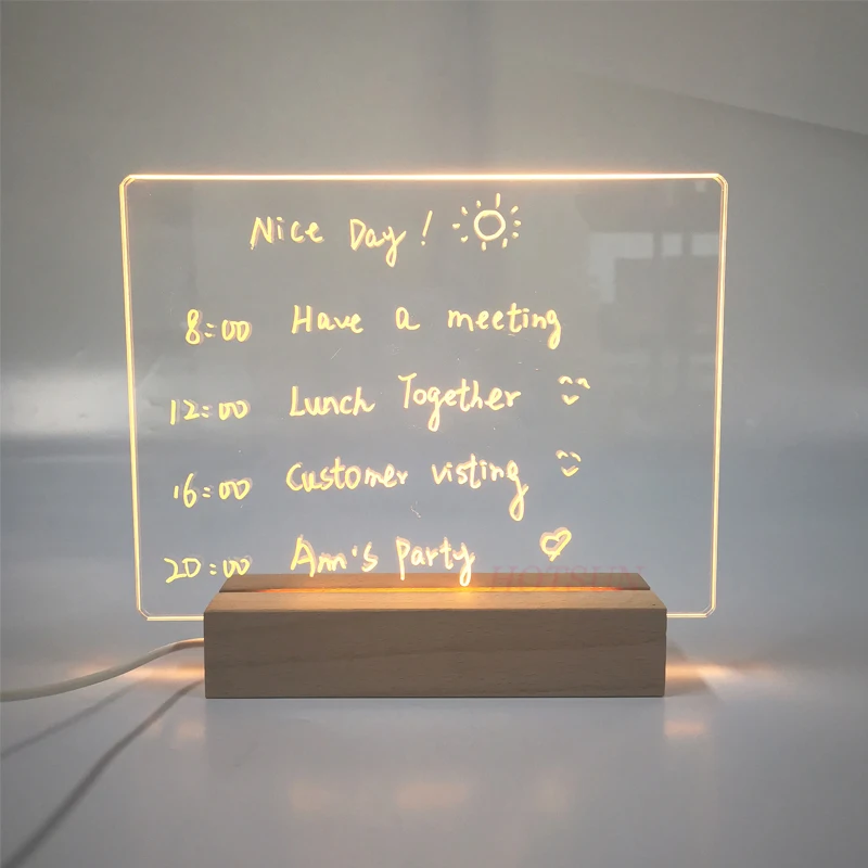 Fast Delivery LED Light up Message Board Acrylic Dry Erase Board with Wooden Base Stand