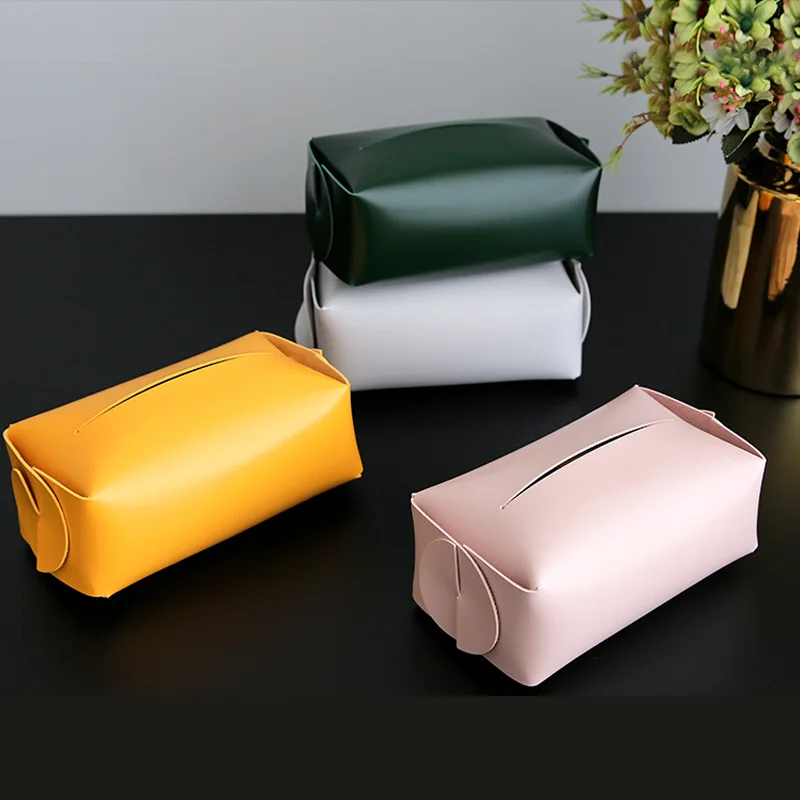 Custom Logo Easy Used Rectangle Foldable Tissue Storage Box Towel Paper Holder Pu Leather Napkin Box for Home Car Decor