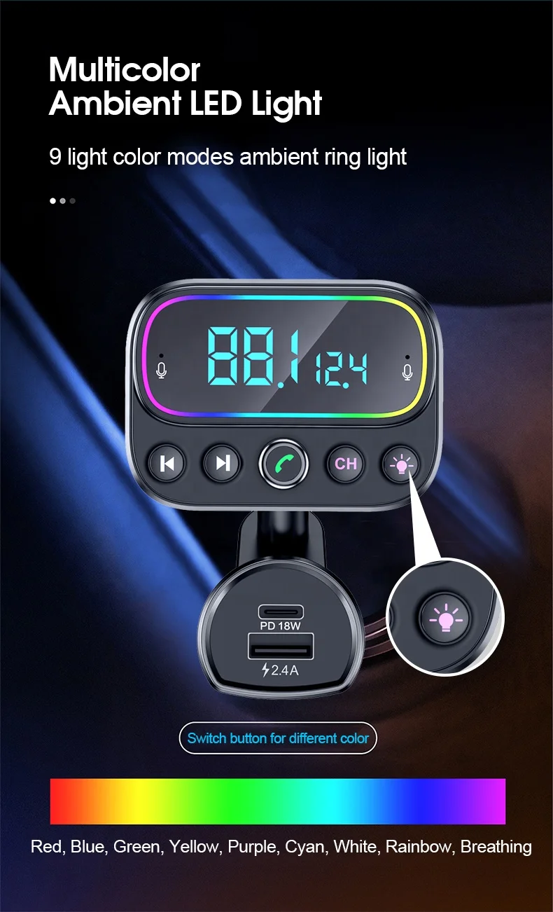 AGETUNR T67 BT V5.0 FM Modulator RGB light 20W PD 18W QC3.0 fast charge car mp3 player Handsfree U disk Music AUX Out Dual Mic
