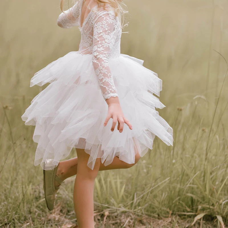 Custom Embroidery Ball Gown White Flower Princess Party Birthday Fluffy Dresses for Little Girls
