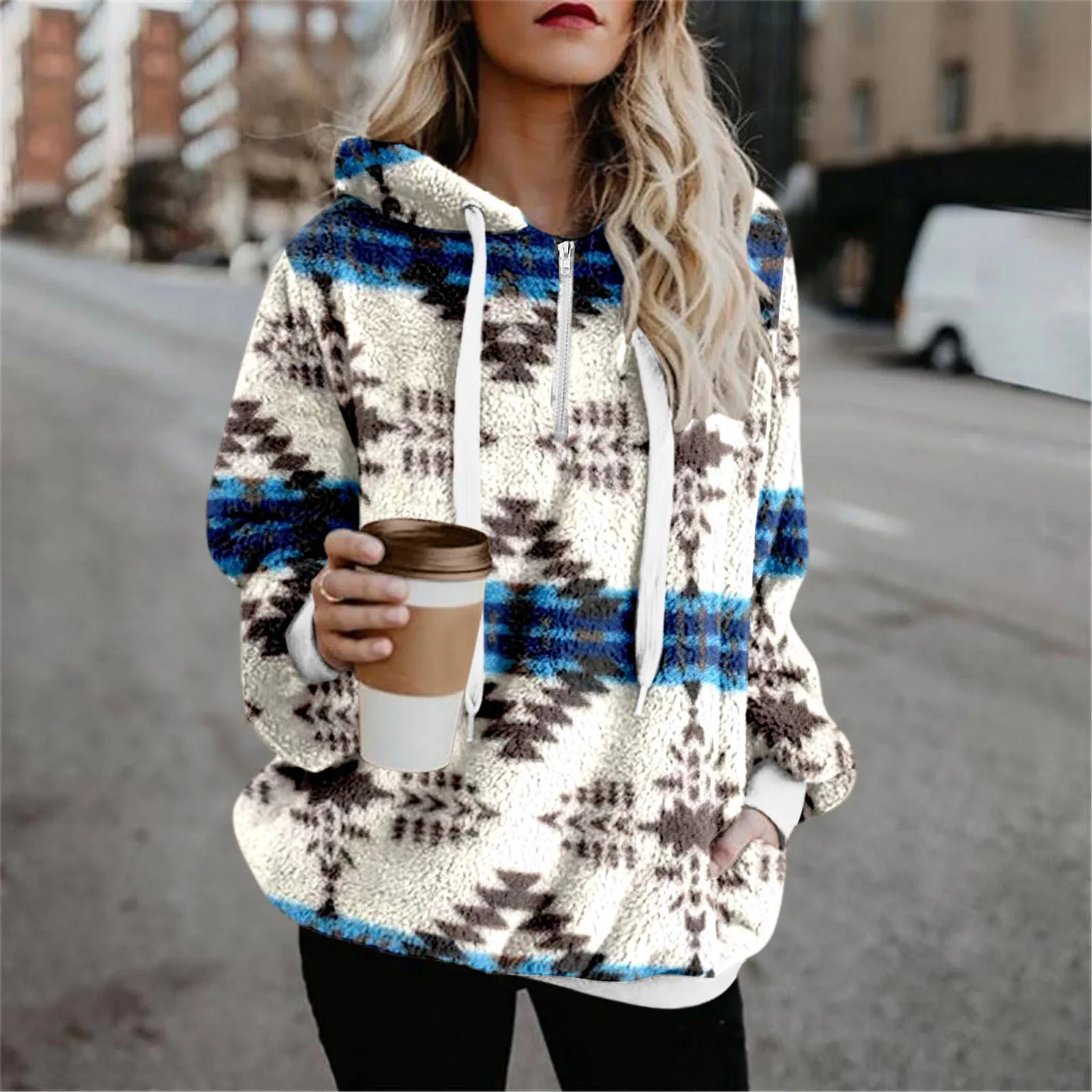 Winter Wholesale Fashion Aztec Furry Vintage Women Hoodie Sweatshirt