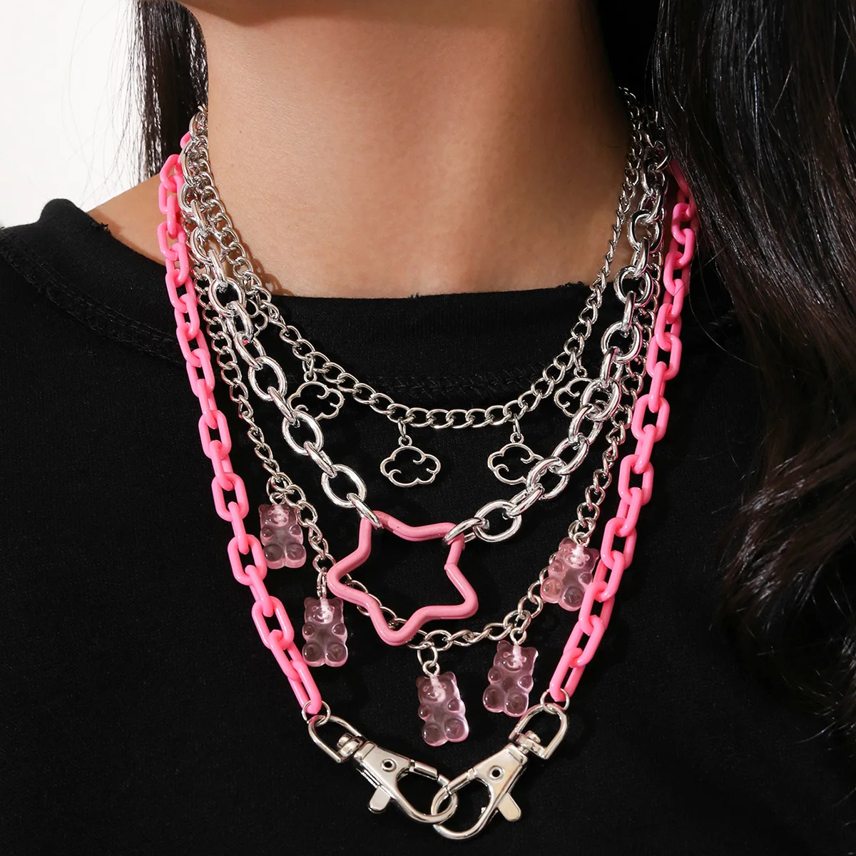Fashion Multilayered Chain Punk Pendant Necklace Acrylic Candy Color Bear Cloud Star Y2K Necklace for Women