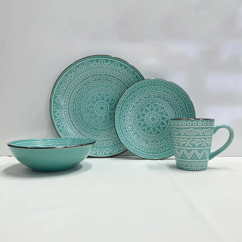 Hot Selling 16 Pcs Nordic Dessert Plates Soup Bowls Mugs With Stripe Ceramic Tableware Sets