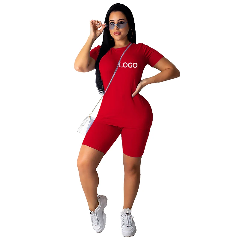 Summer Women Clothing Custom Logo Solid Color Short Sleeve Tee Shorts Set Sportswear Women Two Piece Set