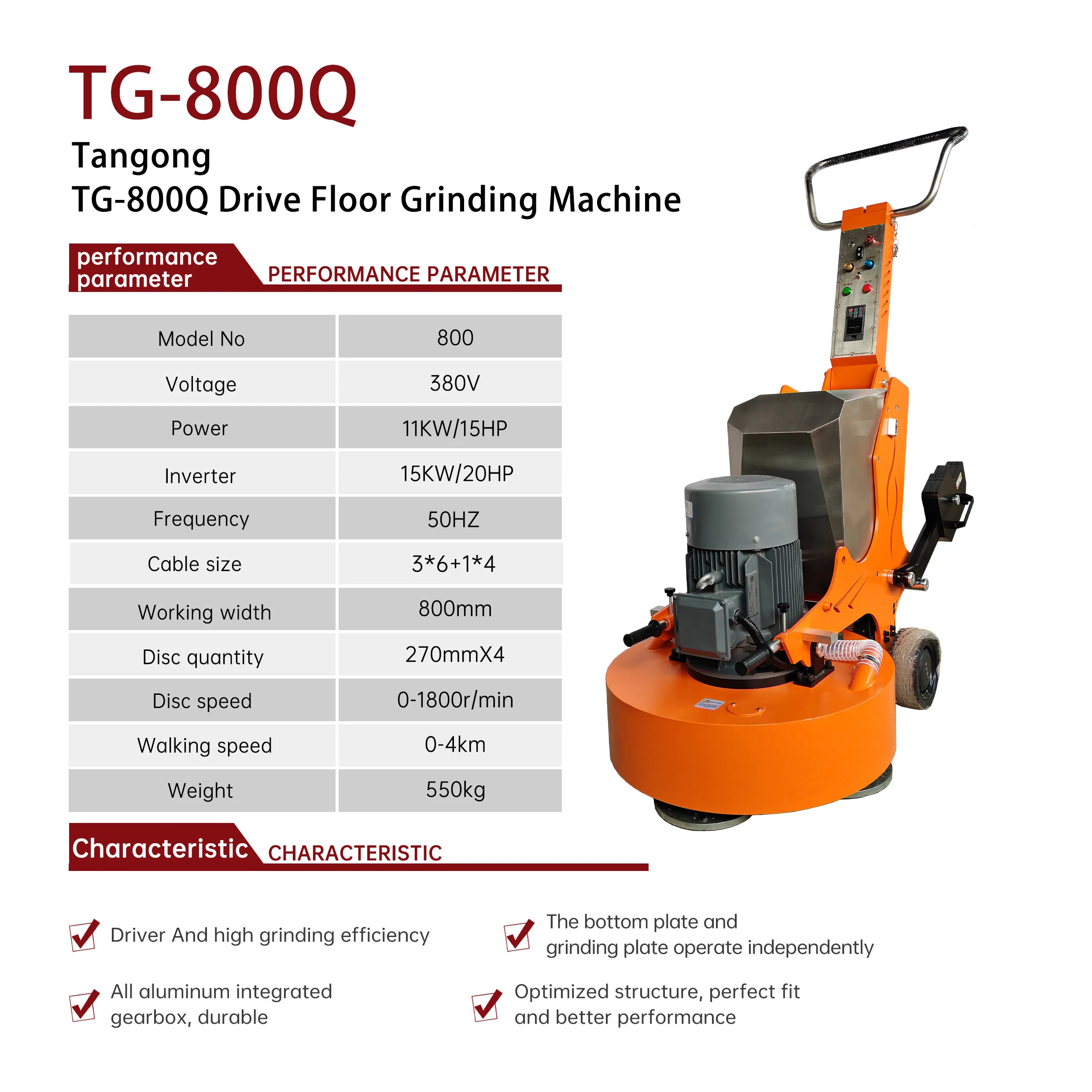 TG800Q drive high power variable frequency concrete floor grinder equipment