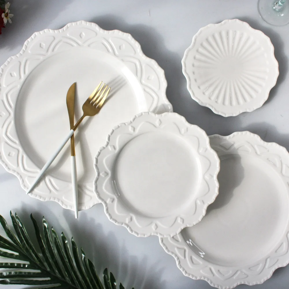 JACOTTA 2022 New Design White Embossed Plates Dinnerware Sets New Bone China Dishes&Plates