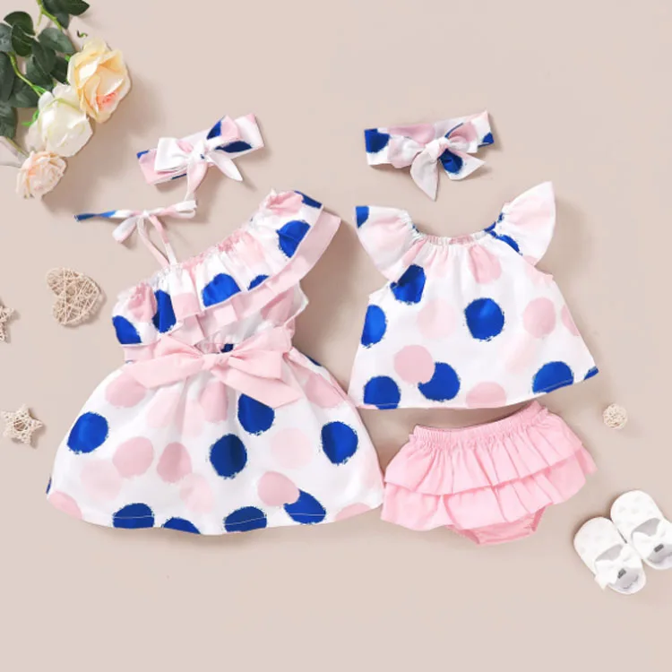 
New sister clothes suit polka dot camisole skirt lace triangle shorts baby clothing set 