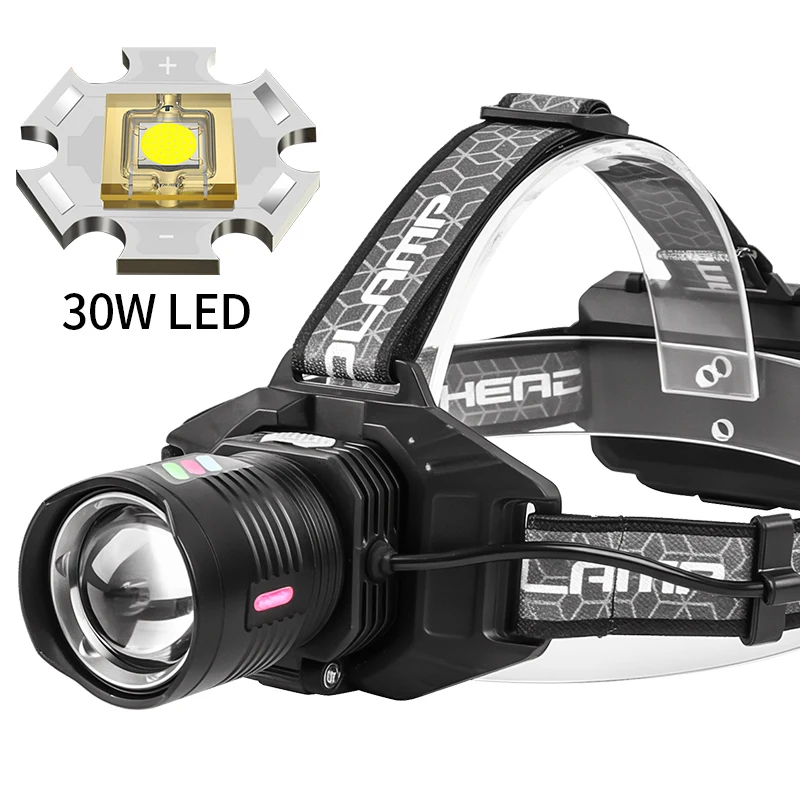 LED Headlamp Rechargeable Head Lamp 30w led Super Bright High Lumen 5 Modes Zoomable Waterproof Headlight for Camping Biking