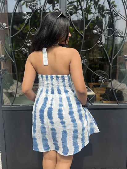 Blue Stripe Halter Neck Cotton Casual Dress Indigo Shibori customized fit offers versatility and style for any occasion