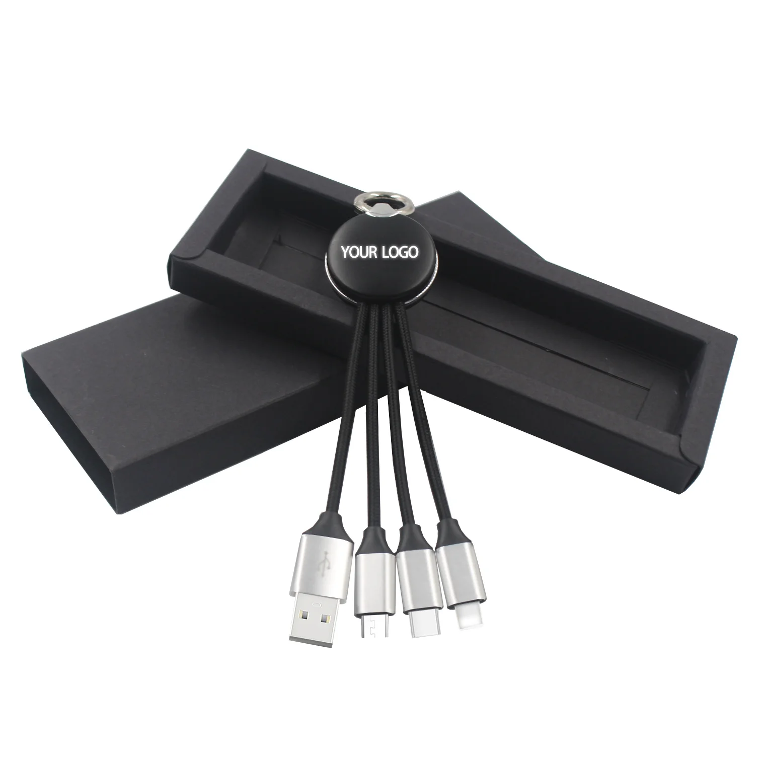 Promotional Gift Keyring 4 in 1 Light-Up Logo Charging Cable 3 in 1 Fast Keychain USB Charger