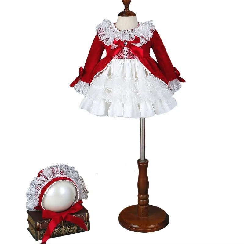 
girls winter new red velvet lolita Spanish style birthday baby dress suit 