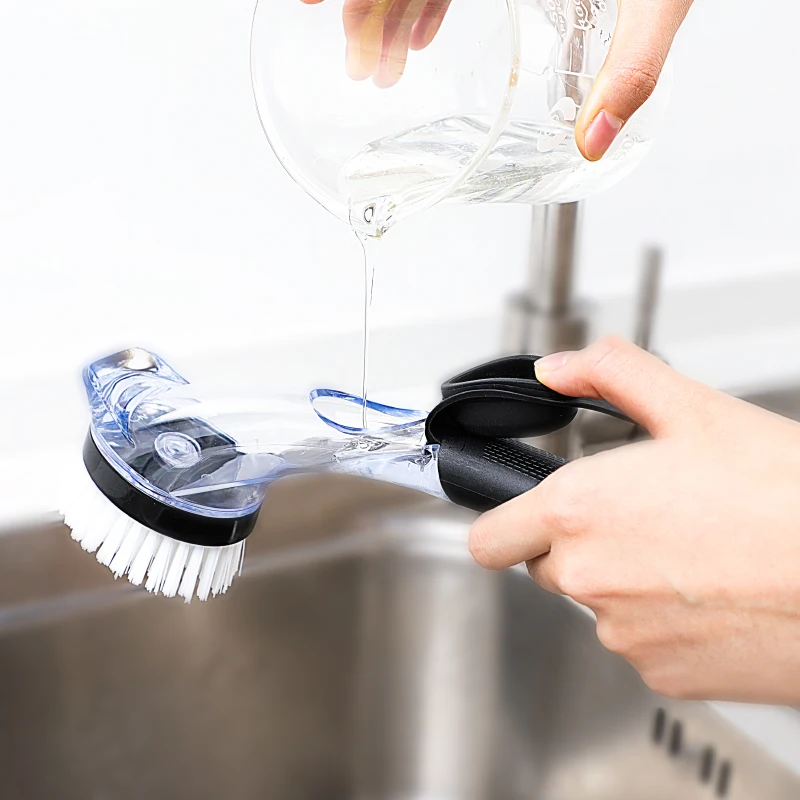 Hydraulic Kitchen pan scrub Cleaning Brush set 2 In 1 Long Handle Cleaning Brush With Sponge dishwashing liquid Dispenser brush