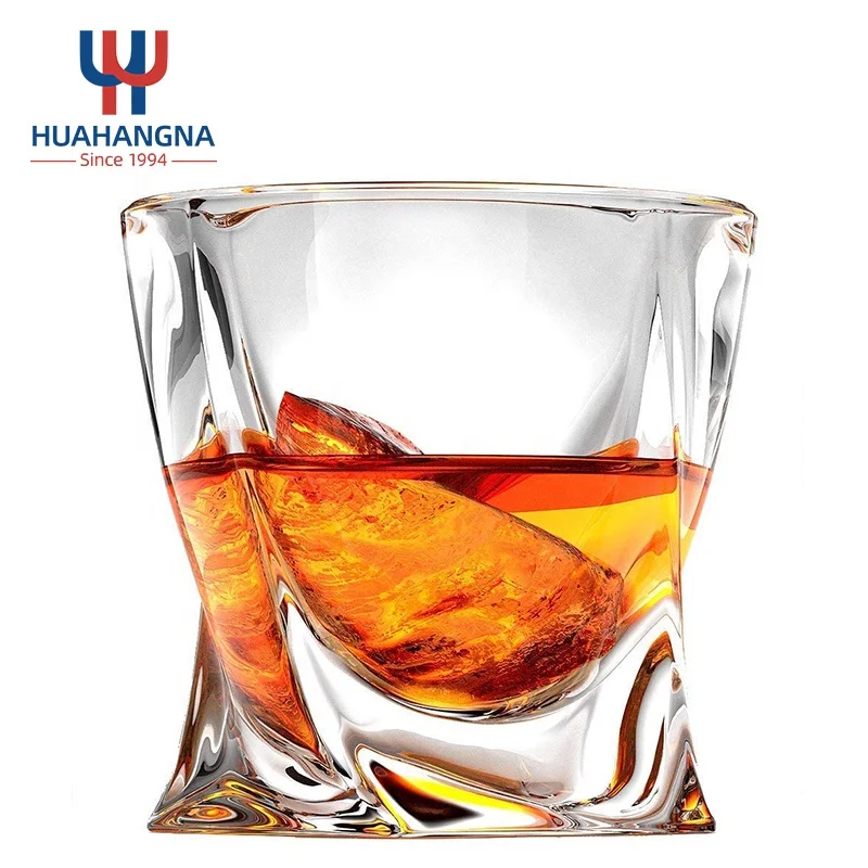 HUAHANGNA 280ml 9oz Custom Logo Rock Whiskey Glass Cup Crystal Clear Old Fashioned Twist Whisky Cup for Bar Market