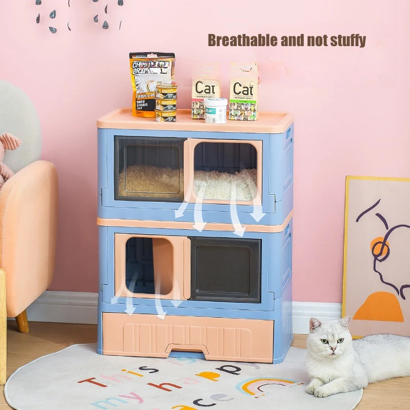 Gato Cartoon Fully Enclosed Toilet Foldable Hidden Furniture Cat Litter Tray Box Enclosure With Cat Litter