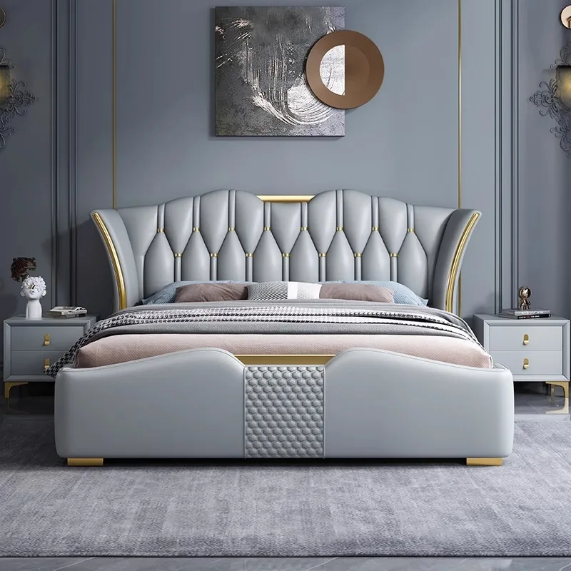 Luxury Italian Faux Leather Platform King And Queen Size Bed With Storage And Drawers For Bed Room Comfortable Sleeping