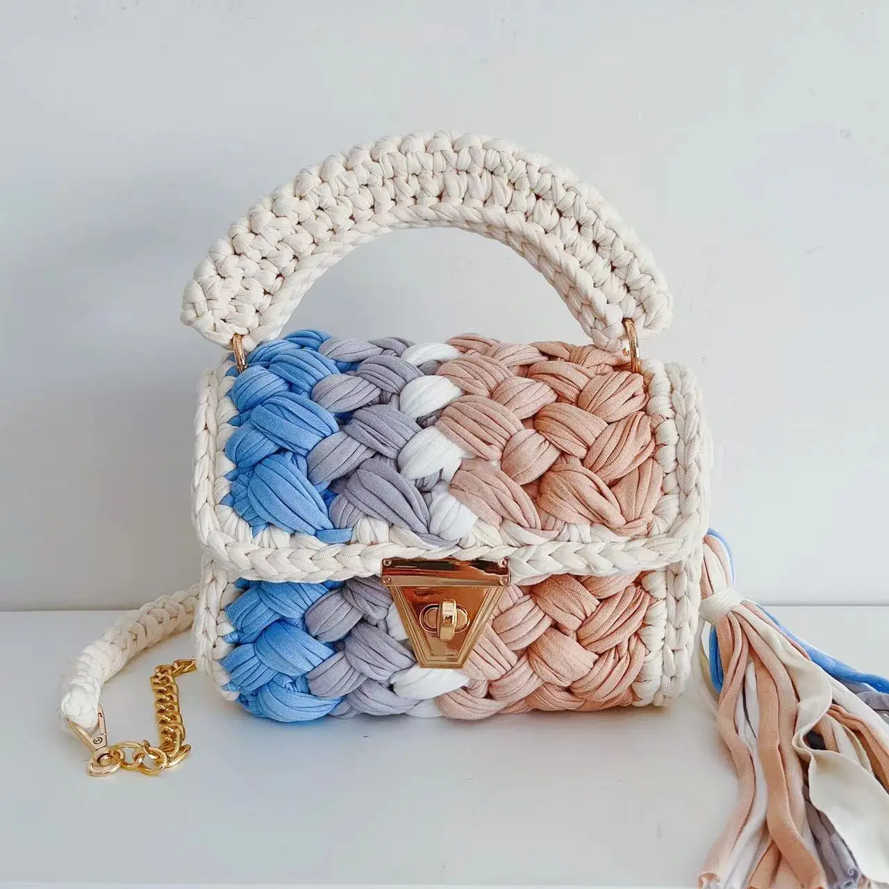 INS Hot Sale DIY Yarn Crochet Women Handbag Hand Woven Multi Color Handbags Beach Yarn Purse